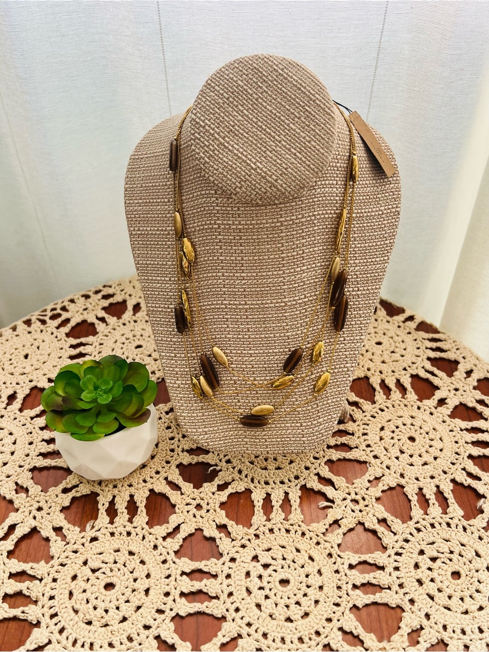 NWT Vintage Monet Gold Tone Beads Tiger Eye Beads Necklace 4 Strand Toggle Clasp